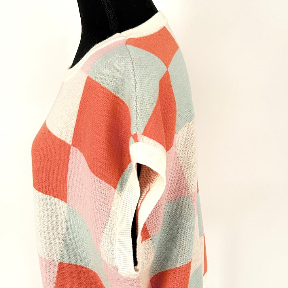 Oversized Soft Girl Checker Cap Sleeve Sweater Womens Boxy Pastel Knit Large NWT - Picture 5 of 8